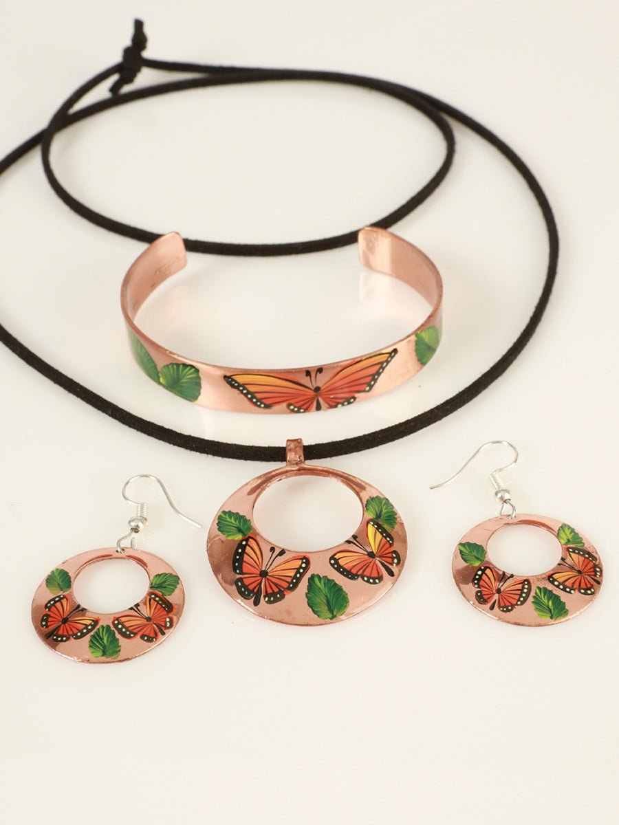 Artisanal Hand Painted Set Earrings - Necklace - Bracelet Copper 603402 - BELLEZA'S - Artisanal Hand Painted Set Earrings - Necklace - Bracelet Copper 603402 - Women's Earrings - 60340201