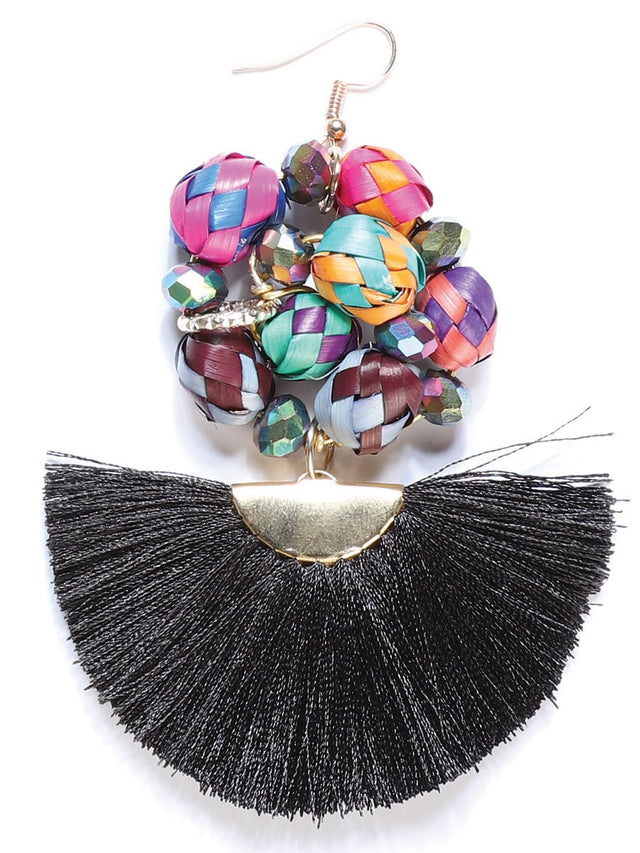 Artisanal Handcrafted Earrings Palm - Silk Thread Black 602570 - BELLEZA'S - Artisanal Handcrafted Earrings Palm - Silk Thread Black 602570 - DAMA - 60257001