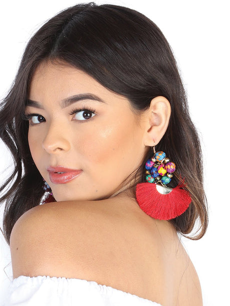 Artisanal Handcrafted Earrings Palm - Silk Thread Red 602571 - BELLEZA'S - Artisanal Handcrafted Earrings Palm - Silk Thread Red 602571 - DAMA - 60257101