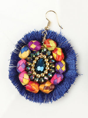 Artisanal Handcrafted Earrings Palm - Silk Thread Royal Blue 603252 - BELLEZA'S - Artisanal Handcrafted Earrings Palm - Silk Thread Royal Blue 603252 - Women's Earrings - 60325201