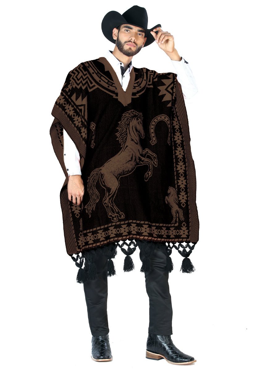 Artisanal Mexican Poncho 92% Acylic, 8% Polyester Black/Brown 603834 - BELLEZA'S - Artisanal Mexican Poncho 92% Acylic, 8% Polyester Black/Brown 603834 - CABALLERO - 60383401