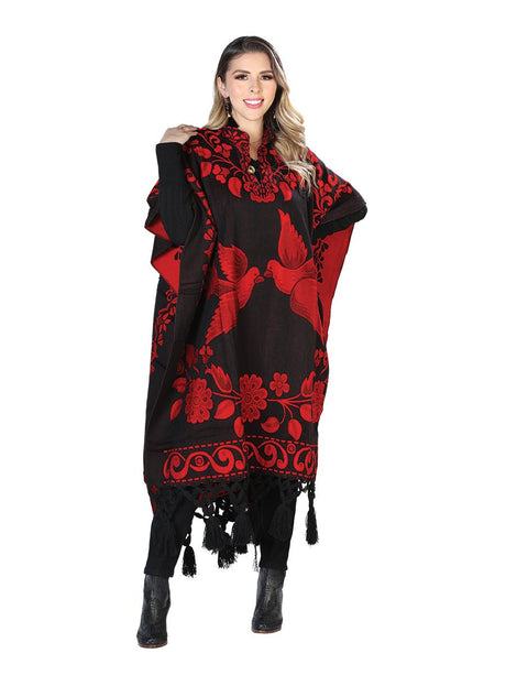 Artisanal Mexican Poncho 92% Acylic, 8% Polyester Black/Red 603831 - BELLEZA'S - Artisanal Mexican Poncho 92% Acylic, 8% Polyester Black/Red 603831 - DAMA - 60383101