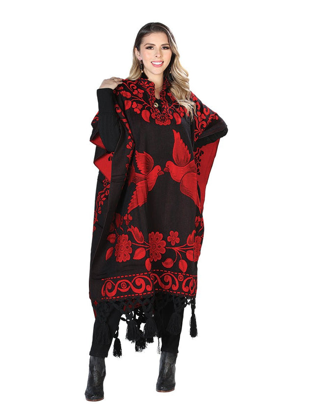 Artisanal Mexican Poncho 92% Acylic, 8% Polyester Black/Red 603831 - BELLEZA'S - Artisanal Mexican Poncho 92% Acylic, 8% Polyester Black/Red 603831 - DAMA - 60383101