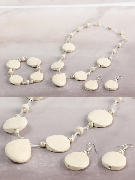 Artisanal Set Earrings - Necklace - Bracelet Onyx Stone Beige 603139 - BELLEZA'S - Artisanal Set Earrings - Necklace - Bracelet Onyx Stone Beige 603139 - Women's Earrings - 60313901