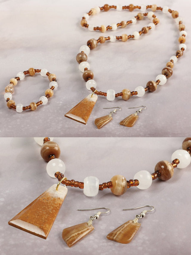 Artisanal Set Earrings - Necklace - Bracelet Onyx Stone Brown/Caramel 603145 - BELLEZA'S - Artisanal Set Earrings - Necklace - Bracelet Onyx Stone Brown/Caramel 603145 - Women's Earrings - 60314501