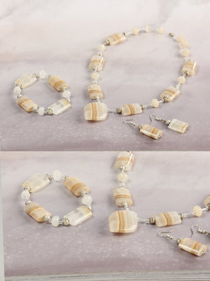 Artisanal Set Earrings - Necklace - Bracelet Onyx Stone Natural/Caramel 603144 - BELLEZA'S - Artisanal Set Earrings - Necklace - Bracelet Onyx Stone Natural/Caramel 603144 - Women's Earrings - 60314401