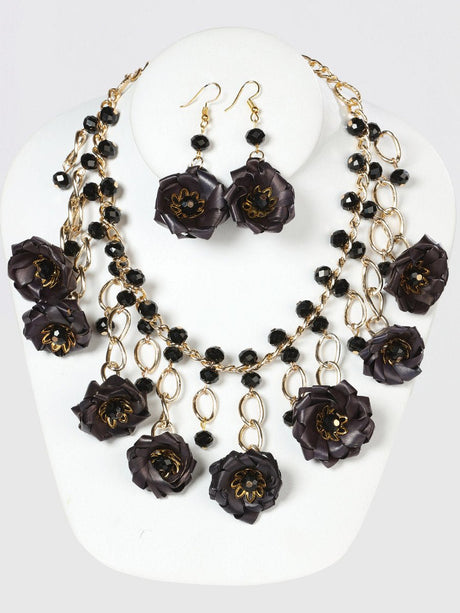 Artisanal Set Earrings - Necklace Palm - Silk Thread Black 603223 - BELLEZA'S - Artisanal Set Earrings - Necklace Palm - Silk Thread Black 603223 - Women's Earrings - 60322301