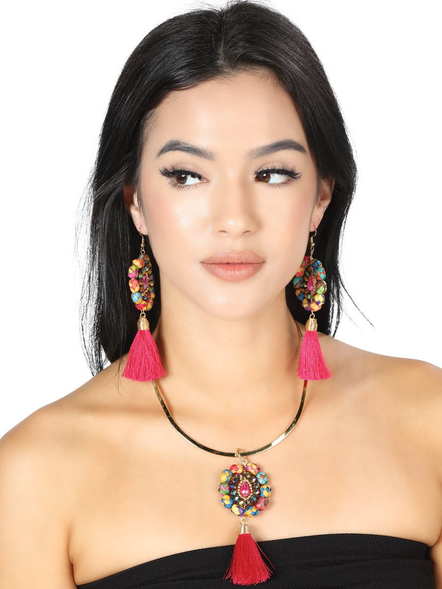 Artisanal Set Earrings - Necklace Palm - Silk Thread Fuchsia 603231 - BELLEZA'S - Artisanal Set Earrings - Necklace Palm - Silk Thread Fuchsia 603231 - Women's Earrings - 60323101