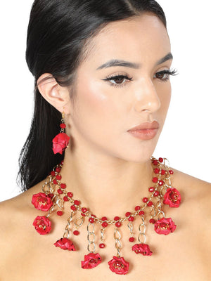 Artisanal Set Earrings - Necklace Palm - Silk Thread Red 603225 - BELLEZA'S - Artisanal Set Earrings - Necklace Palm - Silk Thread Red 603225 - Women's Earrings - 60322501