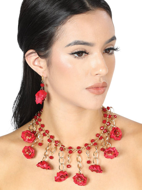 Artisanal Set Earrings - Necklace Palm - Silk Thread Red 603225 - BELLEZA'S - Artisanal Set Earrings - Necklace Palm - Silk Thread Red 603225 - Women's Earrings - 60322501