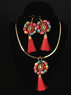Artisanal Set Earrings - Necklace Palm - Silk Thread Red 603235 - BELLEZA'S - Artisanal Set Earrings - Necklace Palm - Silk Thread Red 603235 - Women's Earrings - 60323501