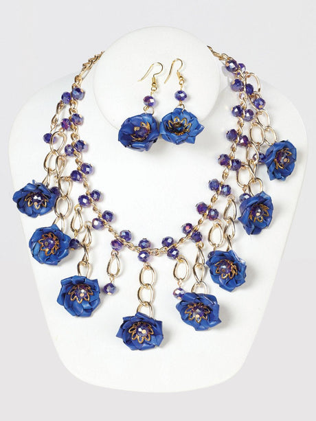 Artisanal Set Earrings - Necklace Palm - Silk Thread Royal Blue 603224 - BELLEZA'S - Artisanal Set Earrings - Necklace Palm - Silk Thread Royal Blue 603224 - Women's Earrings - 60322401