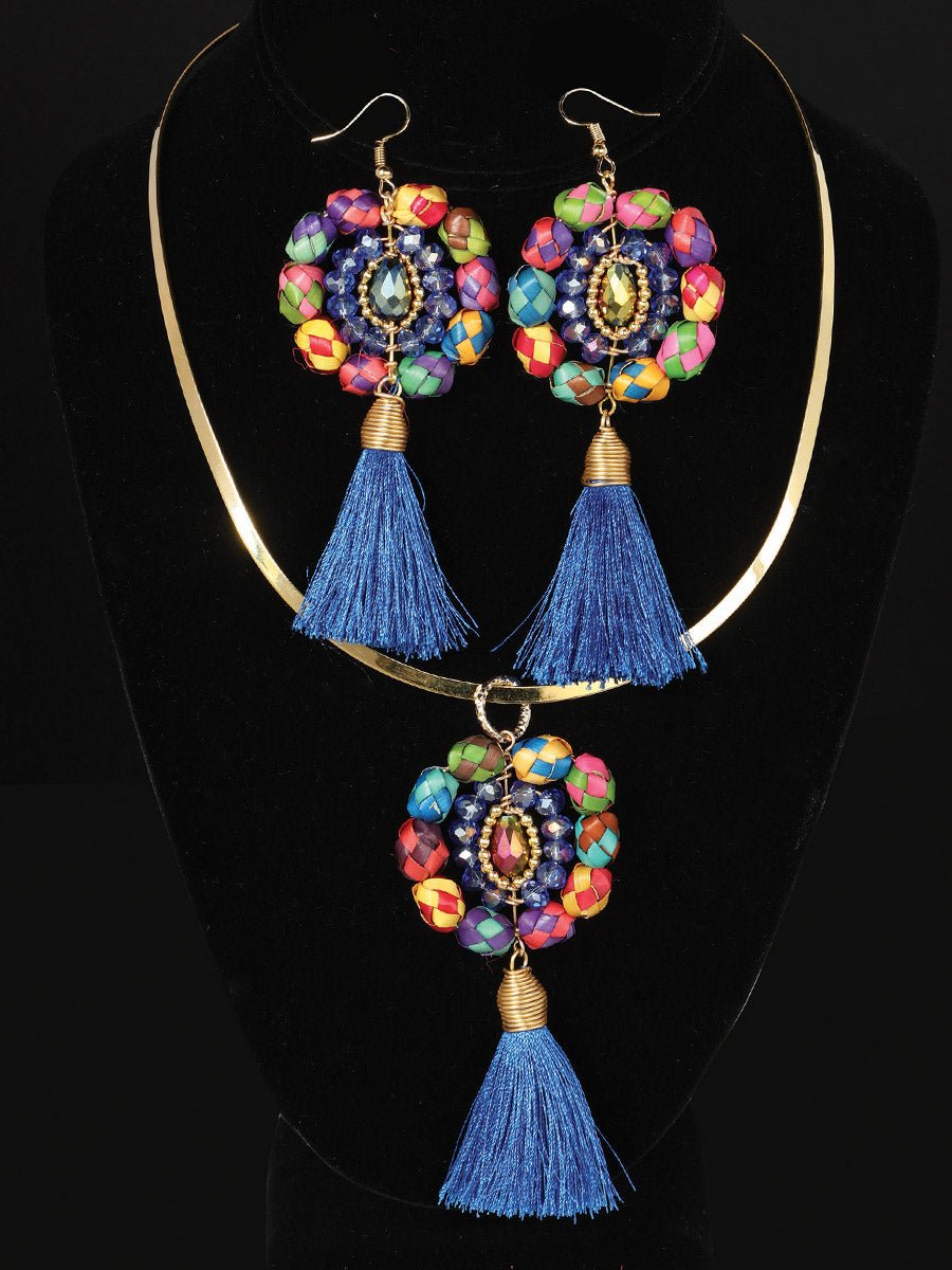 Artisanal Set Earrings - Necklace Palm - Silk Thread Royal Blue 603232 - BELLEZA'S - Artisanal Set Earrings - Necklace Palm - Silk Thread Royal Blue 603232 - Women's Earrings - 60323201