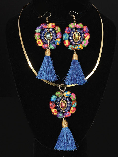 Artisanal Set Earrings - Necklace Palm - Silk Thread Royal Blue 603232 - BELLEZA'S - Artisanal Set Earrings - Necklace Palm - Silk Thread Royal Blue 603232 - Women's Earrings - 60323201