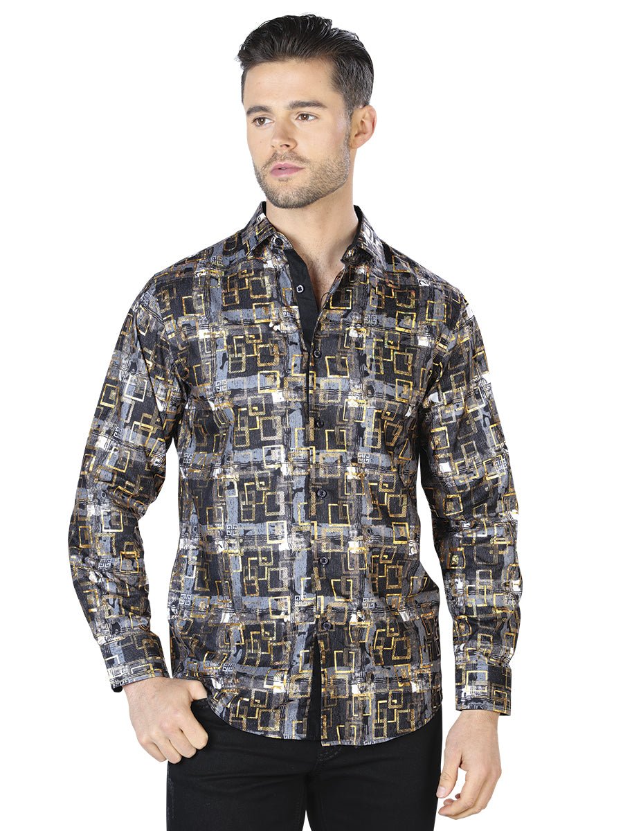 Black And Gold Casual Long Sleeve Shirt 44013 - BELLEZA'S - Black And Gold Casual Long Sleeve Shirt 44013 - Mens Shirt - 04401301