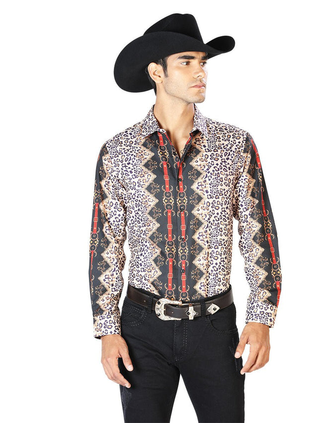 Black And Leopard Casual Long Sleeve Shirt 43557 - BELLEZA'S - Black And Leopard Casual Long Sleeve Shirt 43557 - CABALLERO - 04355701