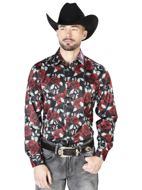 Black With Red Roses Casual Long Sleeve Shirt 43667 - BELLEZA'S - Black With Red Roses Casual Long Sleeve Shirt 43667 - CABALLERO - 04366701