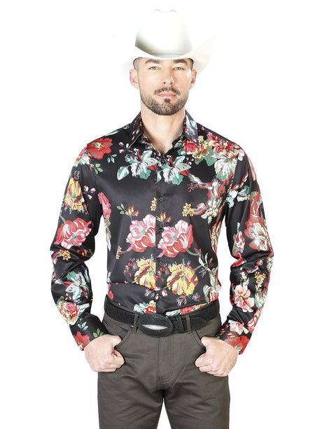 Black With Red Roses Casual Long Sleeve Shirt 43675 - BELLEZA'S - Black With Red Roses Casual Long Sleeve Shirt 43675 - CABALLERO - 04367501