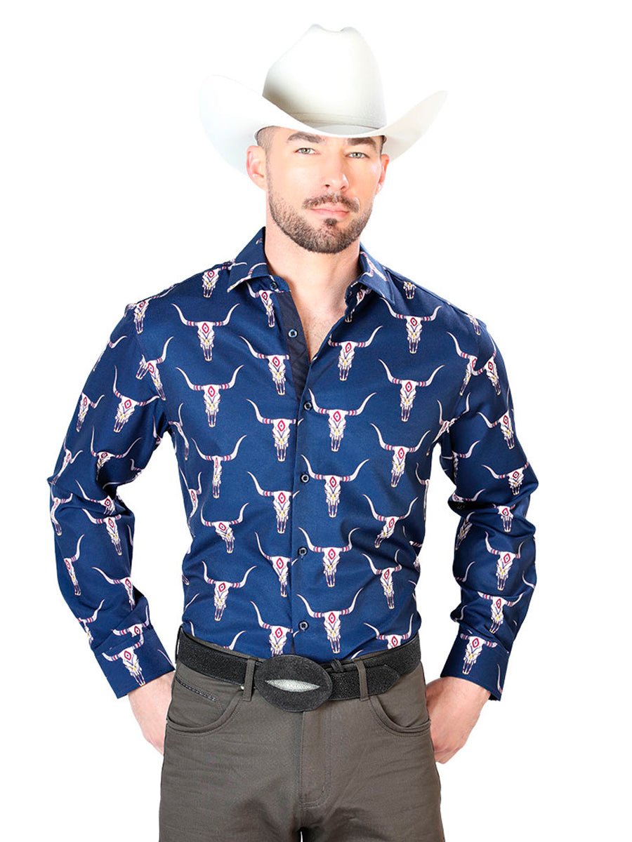 Blue Bull Print Casual Long Sleeve Shirt 43698 - BELLEZA'S - Blue Bull Print Casual Long Sleeve Shirt 43698 - CABALLERO - 04369801