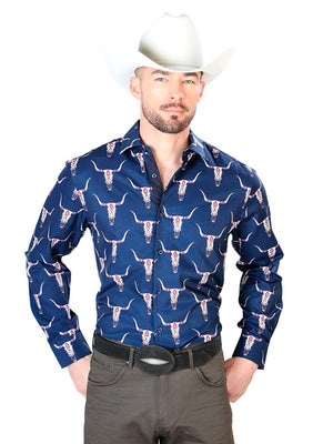 Blue Bull Print Casual Long Sleeve Shirt 43698 - BELLEZA'S - Blue Bull Print Casual Long Sleeve Shirt 43698 - CABALLERO - 04369801