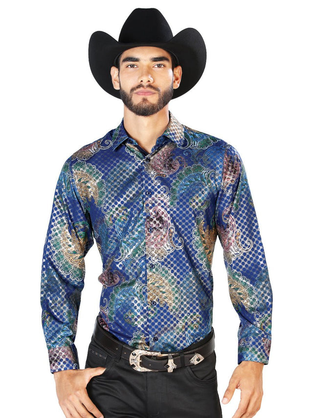 Blue Print Casual Long Sleeve Shirt 43873 - BELLEZA'S - Blue Print Casual Long Sleeve Shirt 43873 - CABALLERO - 04387301