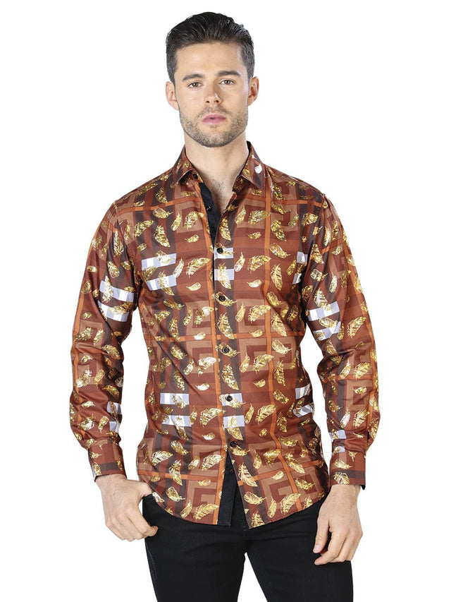 Brown And Gold Casual Long Sleeve Shirt 44024 - BELLEZA'S - Brown And Gold Casual Long Sleeve Shirt 44024 - CABALLERO - 04402401