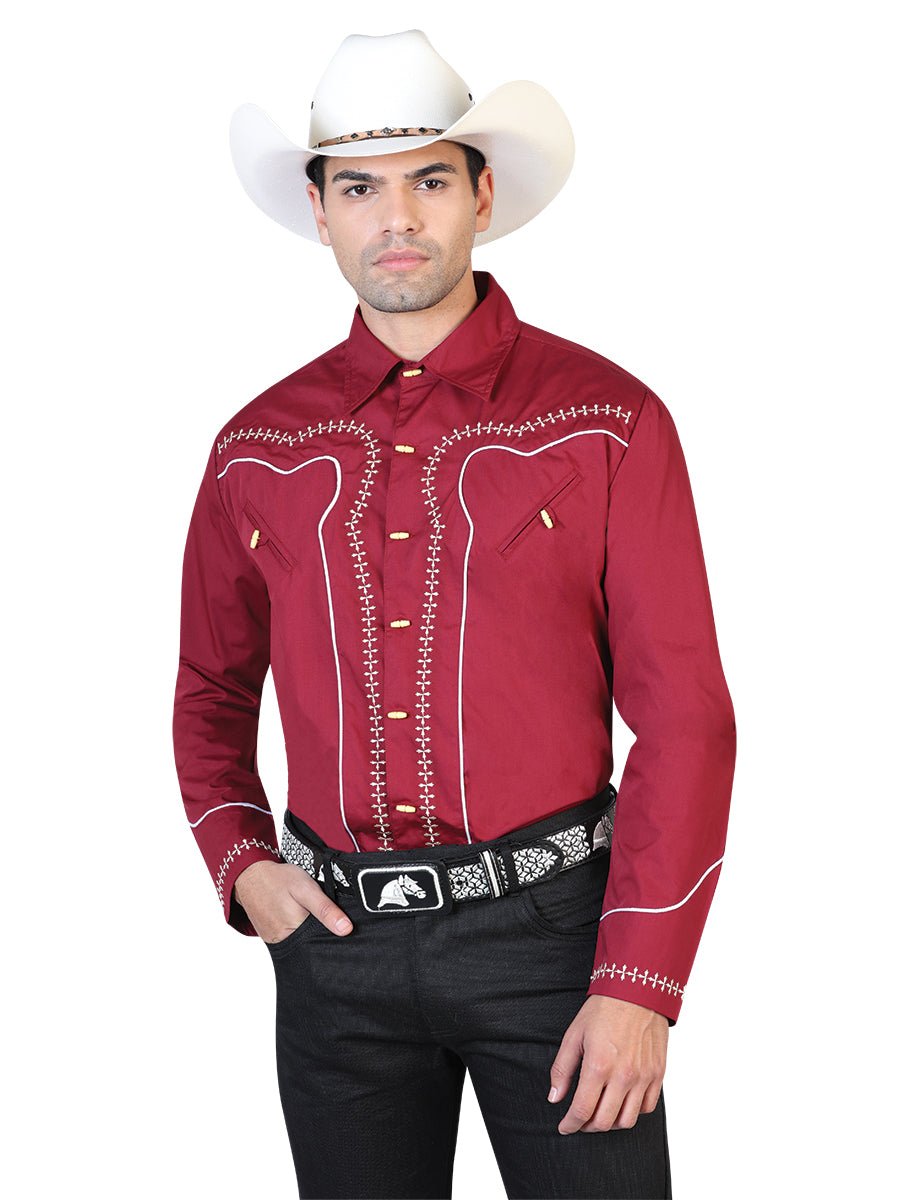 Burgandy And White Charro Long Sleeve Shirt 42550 - BELLEZA'S - Burgandy And White Charro Long Sleeve Shirt 42550 - CABALLERO - 04255001