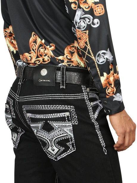 Centenario Men's Black Denim with White/Gray Embroidered Details 45310 - BELLEZA'S - Centenario Men's Black Denim with White/Gray Embroidered Details 45310 - Men's Pants - 04531001