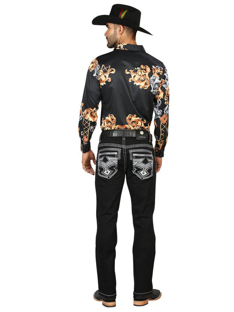 Centenario Men's Black Denim with White/Gray Embroidered Details 45310 - BELLEZA'S - Centenario Men's Black Denim with White/Gray Embroidered Details 45310 - Men's Pants - 04531001
