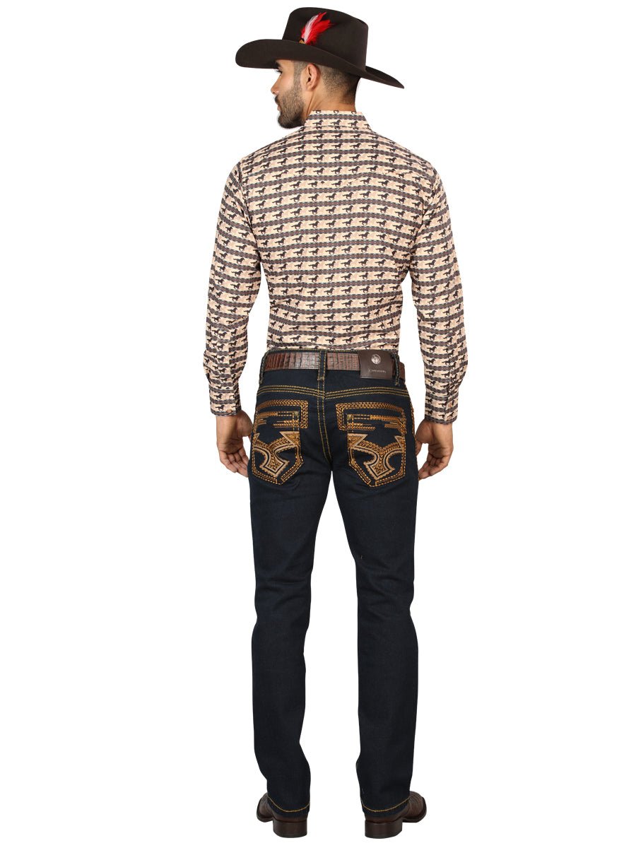 Centenario Men's Rinse Blue Denim with Gold Embroidered Details 45313 - BELLEZA'S - Centenario Men's Rinse Blue Denim with Gold Embroidered Details 45313 - Men's Pants - 04531301