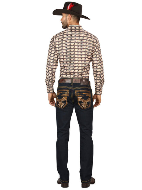 Centenario Men's Rinse Blue Denim with Gold Embroidered Details 45313 - BELLEZA'S - Centenario Men's Rinse Blue Denim with Gold Embroidered Details 45313 - Men's Pants - 04531301