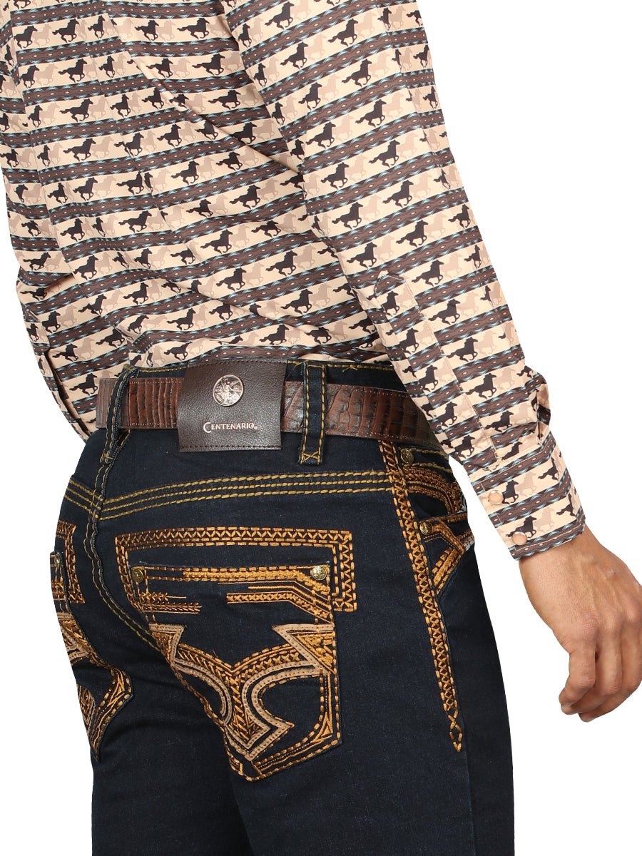 Centenario Men's Rinse Blue Denim with Gold Embroidered Details 45313 - BELLEZA'S - Centenario Men's Rinse Blue Denim with Gold Embroidered Details 45313 - Men's Pants - 04531301