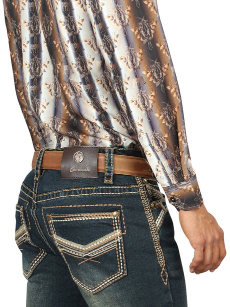 Centenario Men's Tinted Green Denim with Embroidered Details 45315 - BELLEZA'S - Centenario Men's Tinted Green Denim with Embroidered Details 45315 - Men's Pants - 04531501