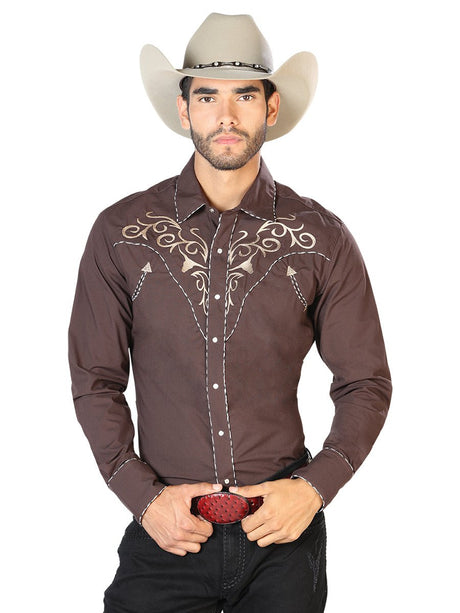 El General Embroidery Western Shirt Brown/Gold 42891 - BELLEZA'S - El General Embroidery Western Shirt Brown/Gold 42891 - CABALLERO - 04289101