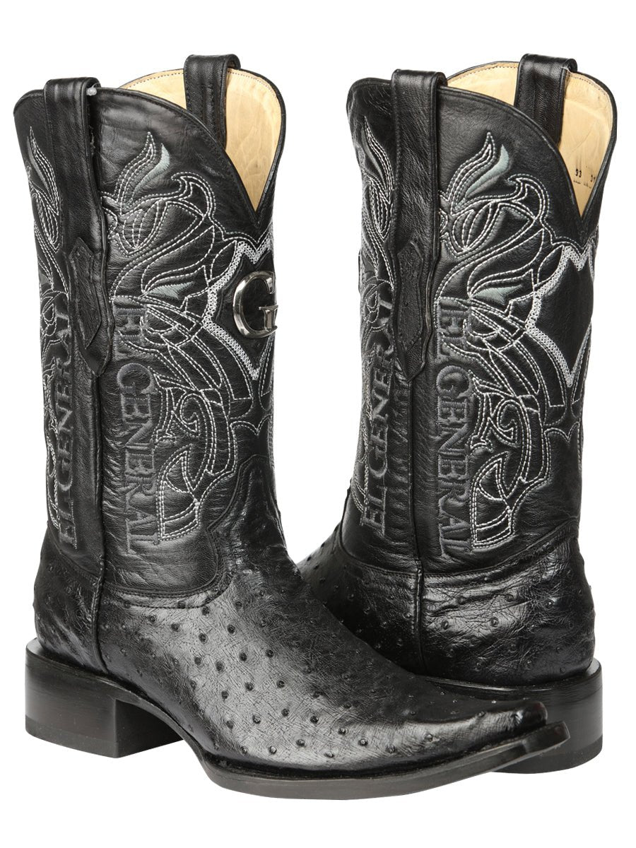 El General Men's Exotic Ostrich Leather Cowboy Boots - Black 45075 - BELLEZA'S - El General Men's Exotic Ostrich Leather Cowboy Boots - Black 45075 - CABALLERO - 04507501