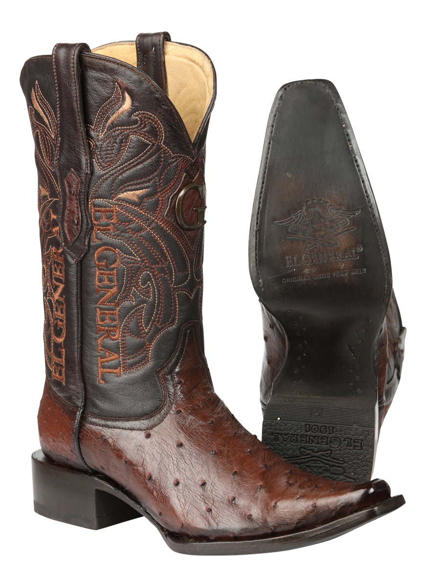 El General Men's Exotic Ostrich Leather Cowboy Boots - Brown 45076 - BELLEZA'S - El General Men's Exotic Ostrich Leather Cowboy Boots - Brown 45076 - CABALLERO - 04507601