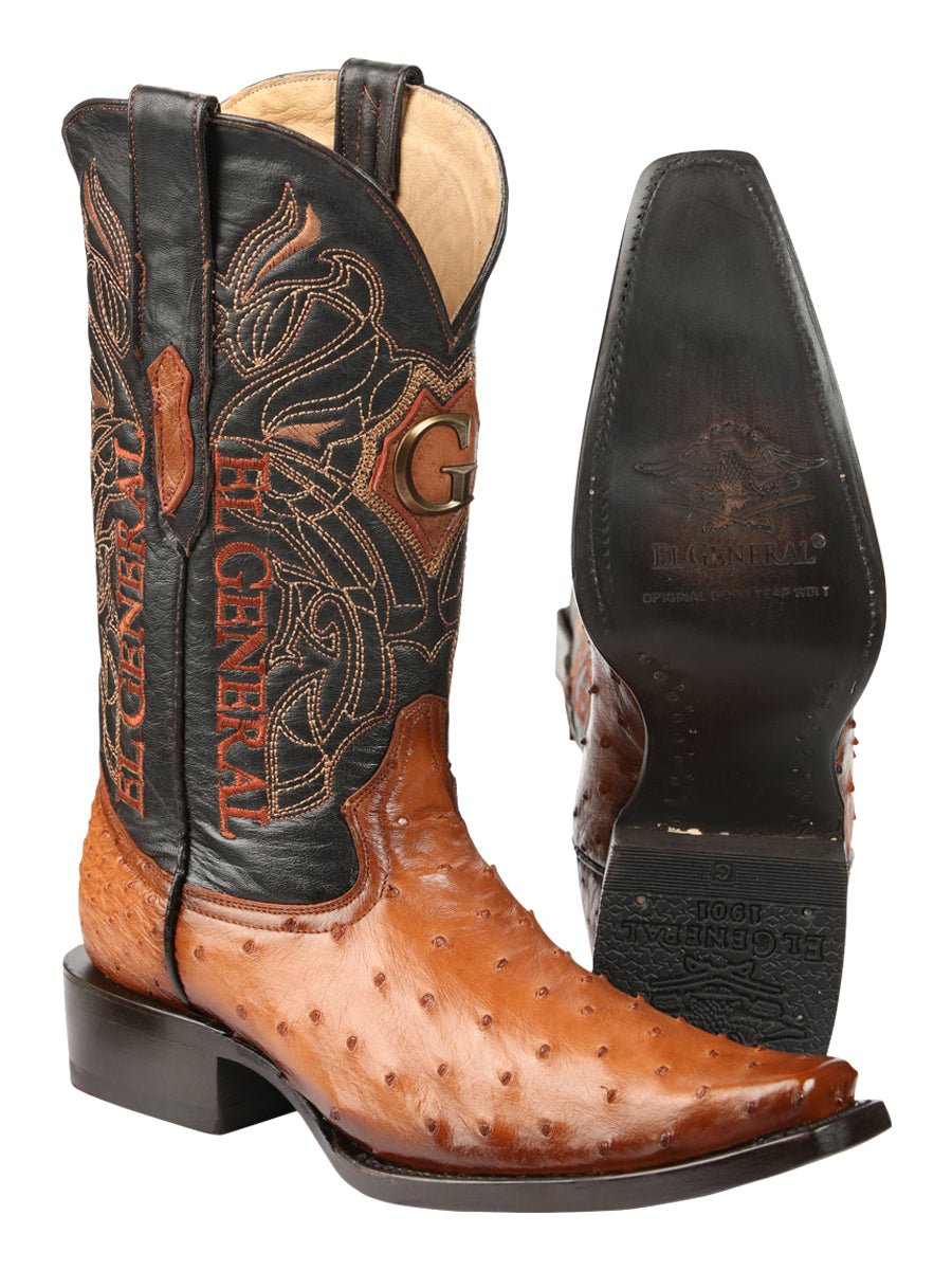 El General Men's Exotic Ostrich Leather Cowboy Boots - Cognac 45077 - BELLEZA'S - El General Men's Exotic Ostrich Leather Cowboy Boots - Cognac 45077 - CABALLERO - 04507701
