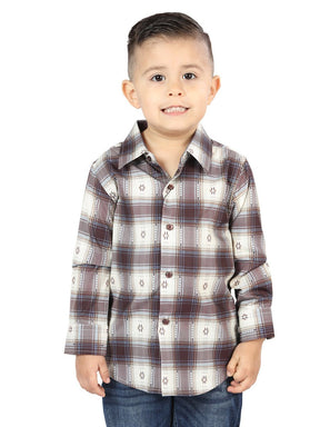 Kid's Beige/Burgundy Plaid Print Long Sleeve Western Shirt 'El Señor de los Cielos' 44747 - BELLEZA'S - Kid's Beige/Burgundy Plaid Print Long Sleeve Western Shirt 'El Señor de los Cielos' 44747 - Kid's Shirts - 04474701