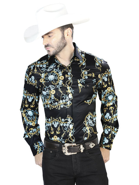Men's Black GoldPrinted Long Sleeve Western Shirt 'El Señor de los Cielos' 44083 - BELLEZA'S - Men's Black GoldPrinted Long Sleeve Western Shirt 'El Señor de los Cielos' 44083 - Mens Shirt - 04408301