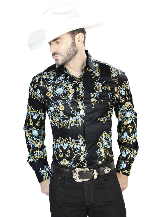 Men's Black GoldPrinted Long Sleeve Western Shirt 'El Señor de los Cielos' 44083 - BELLEZA'S - Men's Black GoldPrinted Long Sleeve Western Shirt 'El Señor de los Cielos' 44083 - Mens Shirt - 04408301