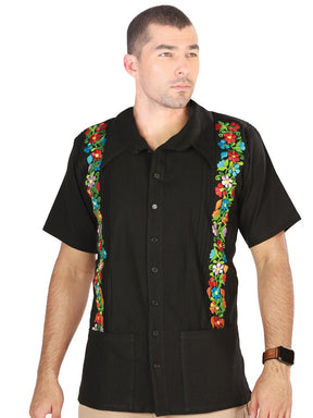 Men's Black Mexican Embroidered Guayabera 100% Cotton Black 603113 - BELLEZA'S - Men's Black Mexican Embroidered Guayabera 100% Cotton Black 603113 - Men's Shirt Guayabera - 60311301