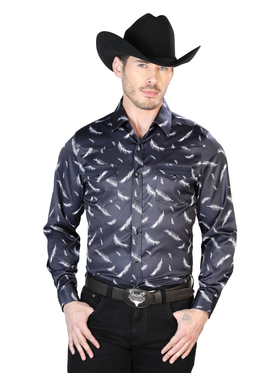 Men's Black White Feathers Printed Long Sleeve Western Shirt 'El Señor de los Cielos' 43934 - BELLEZA'S - Men's Black White Feathers Printed Long Sleeve Western Shirt 'El Señor de los Cielos' 43934 - Men's Shirt - 04393401