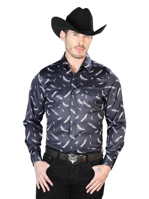 Men's Black White Feathers Printed Long Sleeve Western Shirt 'El Señor de los Cielos' 43934 - BELLEZA'S - Men's Black White Feathers Printed Long Sleeve Western Shirt 'El Señor de los Cielos' 43934 - Men's Shirt - 04393401