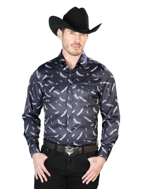 Men's Black White Feathers Printed Long Sleeve Western Shirt 'El Señor de los Cielos' 43934 - BELLEZA'S - Men's Black White Feathers Printed Long Sleeve Western Shirt 'El Señor de los Cielos' 43934 - Men's Shirt - 04393401