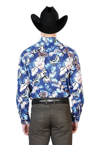 Men's Blue Butterflies Print Long Sleeve Western Shirt 'El Señor de los Cielos' 43674 - BELLEZA'S - Men's Blue Butterflies Print Long Sleeve Western Shirt 'El Señor de los Cielos' 43674 - Mens Shirt - 43674 S