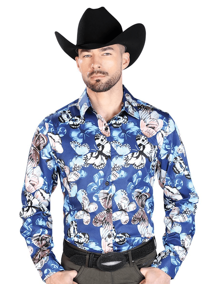 Men's Blue Butterflies Print Long Sleeve Western Shirt 'El Señor de los Cielos' 43674 - BELLEZA'S - Men's Blue Butterflies Print Long Sleeve Western Shirt 'El Señor de los Cielos' 43674 - Mens Shirt - 43674 S