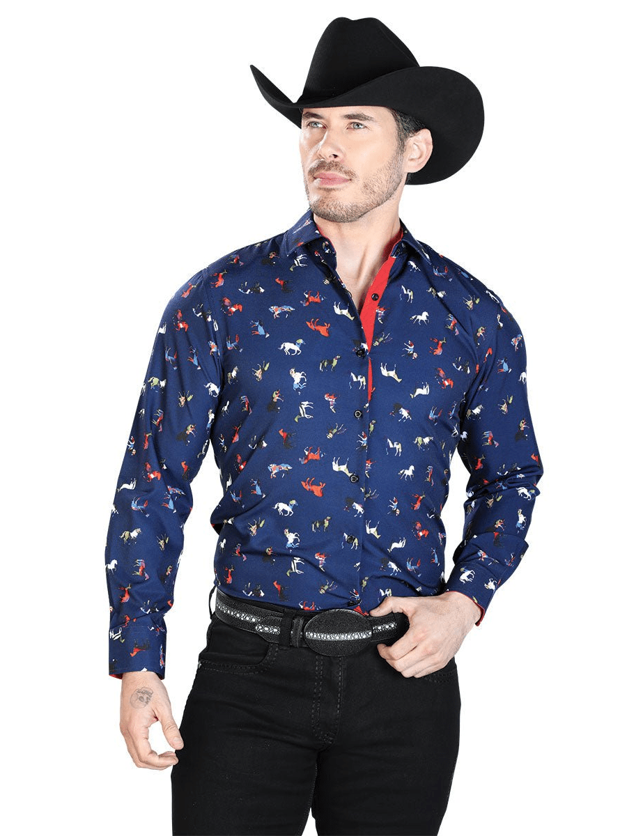Men's Blue Horses Print Long Sleeve Western Shirt 'El Señor de los Cielos' 43715 - BELLEZA'S - Men's Blue Horses Print Long Sleeve Western Shirt 'El Señor de los Cielos' 43715 - Mens Shirt - 43715 S