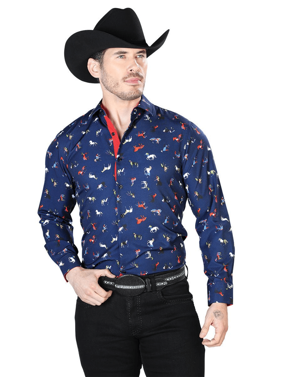 Men's Blue Horses Print Long Sleeve Western Shirt 'El Señor de los Cielos' 43715 - BELLEZA'S - Men's Blue Horses Print Long Sleeve Western Shirt 'El Señor de los Cielos' 43715 - Mens Shirt - 43715 S