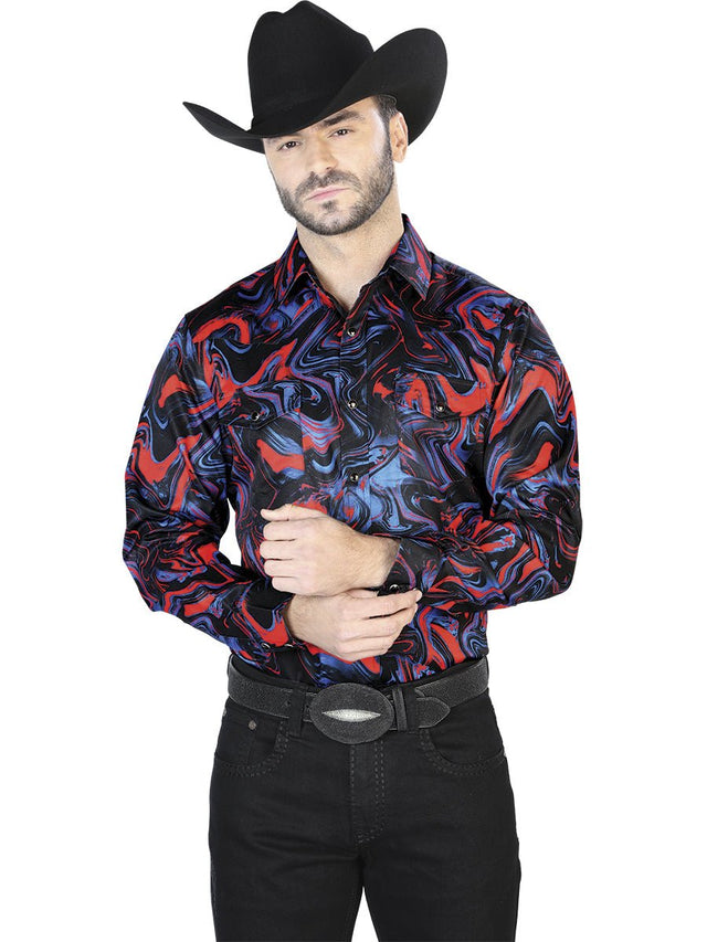 Men's Blue/Red Printed Long Sleeve Western Shirt 'El Señor de los Cielos' 44080 - BELLEZA'S - Men's Blue/Red Printed Long Sleeve Western Shirt 'El Señor de los Cielos' 44080 - Mens Shirt - 04408001