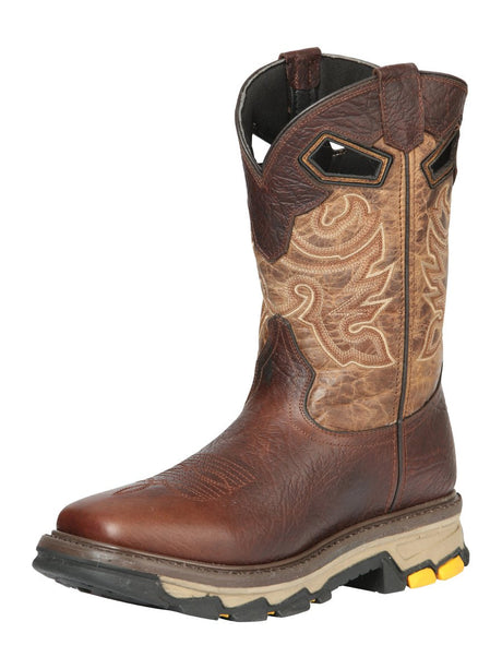 Men's Genuine Leather Pull - On Soft Toe Western Work Boots 'El General' Brown 44685 - BELLEZA'S - Men's Genuine Leather Pull - On Soft Toe Western Work Boots 'El General' Brown 44685 - Men's Work Boot - 04468501